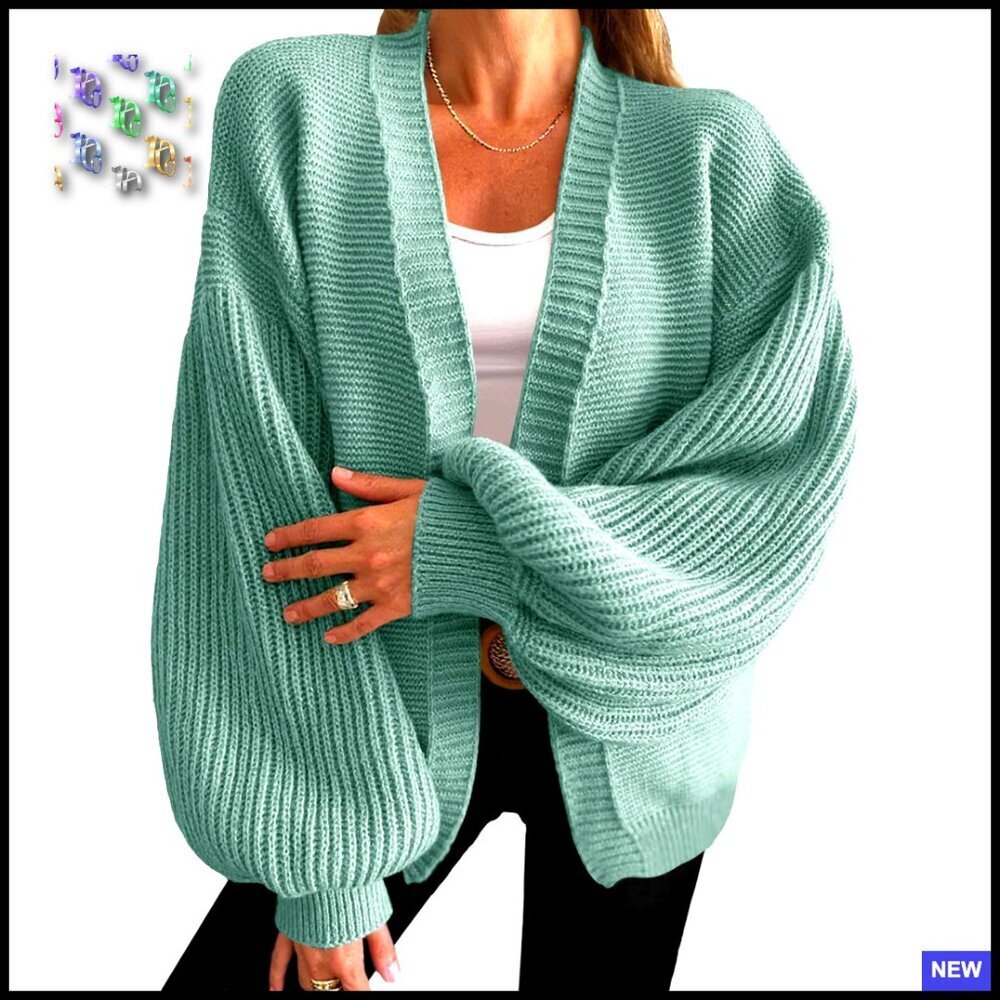 Oversized Chunky Knit Cardigan Open Front Lantern Sleeves Trendy Sweater